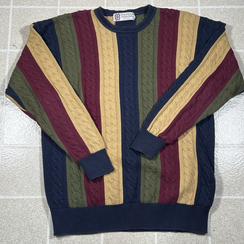 Vintage Sweater Slazenger Golf Size L 80s Colorful Striped‎ Cable Knit Cotton
